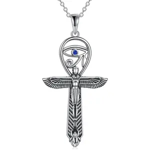 Ankh Cross Necklace Sterling Silver Eye of Horus Pendant Egyptian Religious Protection Jewelry Gifts for Women Men