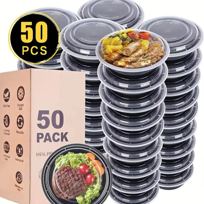 50 ct Round Meal Prep Containers with Lids BPA Free Durable Stackable Microwave Freezer Safe Food Storage Bowls for Lunch Plan To Go 24 OZ