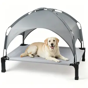 Elevated Outdoor Dog Bed with Removable Canopy, Portable Dog Cot with Sun Shade Tent, Raised Pet Cot Bed with Support Feet, Breathable Cooling & Tear Resistant Pet Hammock Beds with Tent for Dogs, for Indoor & Outdoor & Lawn & Courtyard, #SummerVibes