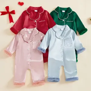 YSHWHWTS Baby Girl Christmas Pajamas Contrast Trim Feather Cuffs Button Down Lapel V Neck Long Sleeve Romper Cozy