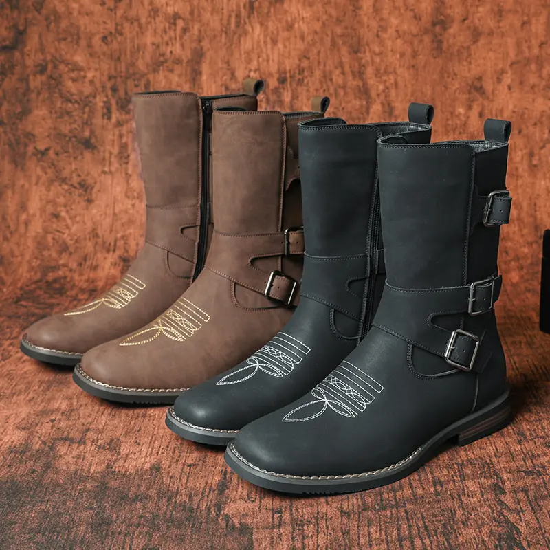 CYUW men’s mid-calf boots in a retro Western style, featuring multiple fastening straps, decorative embroidery, and a side zipper—ideal for parties and casual streetwear looks.
