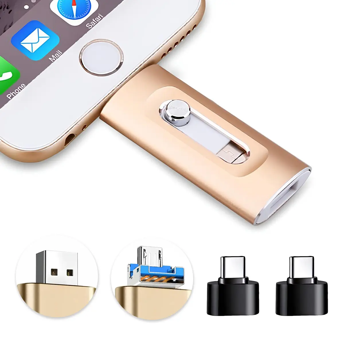 4-in-1 Flash Drive for iPhone and iPad, 64GB/128GB/256GB USB-C, Lightning, Micro USB & USB Memory Stick, High-Speed Photo Storage for Android, Tablets and PC