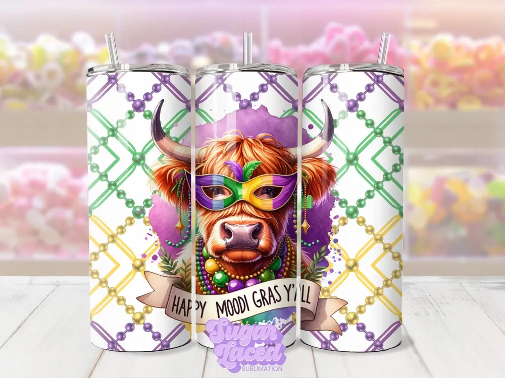 Mardi Gras Cow 20oz Skinny Tumbler Moodi Gra