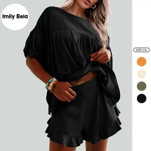 Imily Bela Womens 2 Piece Pajama Sets Vacation Outfits Ruffle Sleeve Babydoll Tops and Shorts Lounge Matching Set
