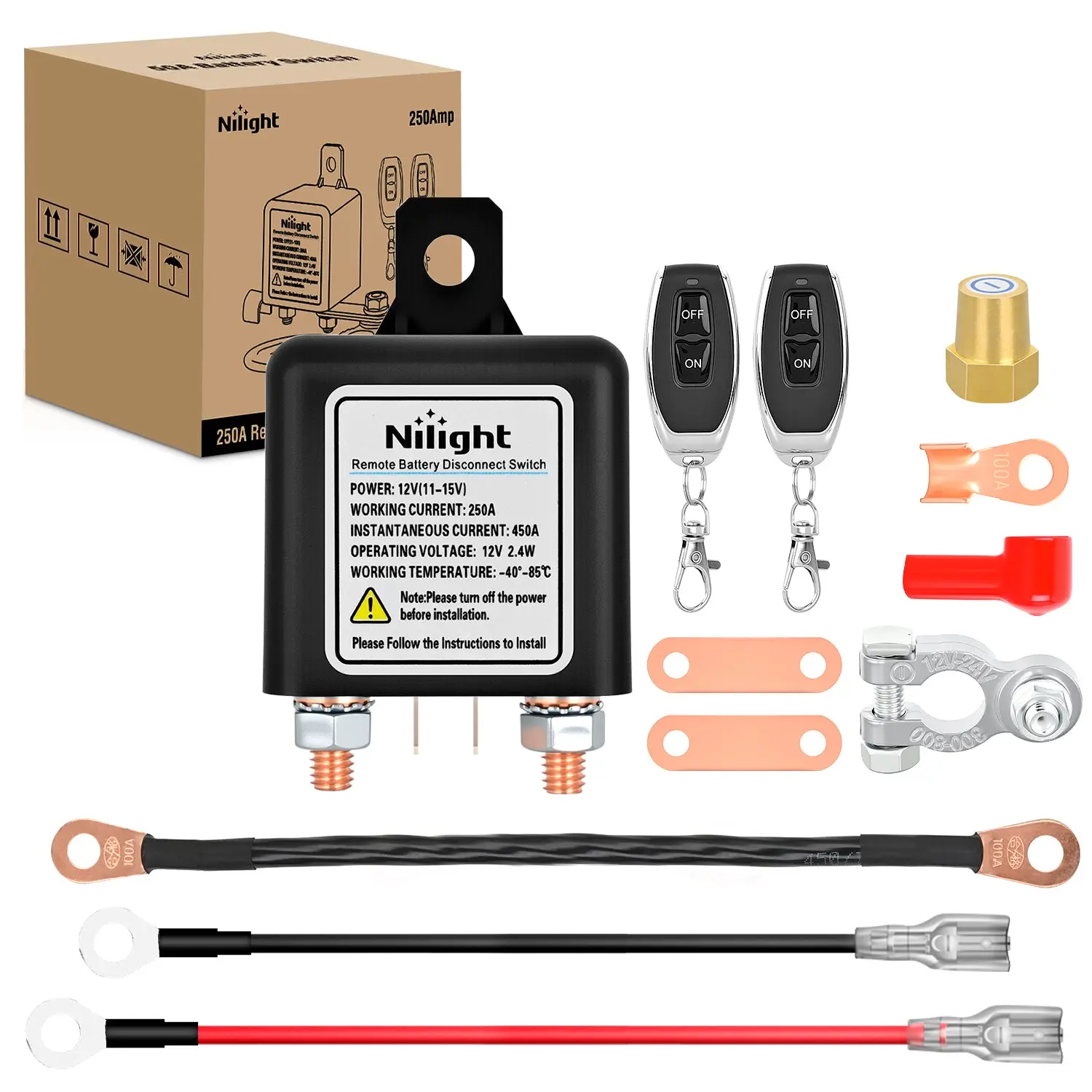 Nilight 12V 250A Electronic Wireless Remote Battery Disconnect Switch Kit - Car Anti-Theft Kill Switch, Power Saver Device, Power Drain Prevention, Black Negative Cable, Nylon Shell, 1 Metal Clamp, 1 Red Insulating Sleeve for Auto Truck RV Boat