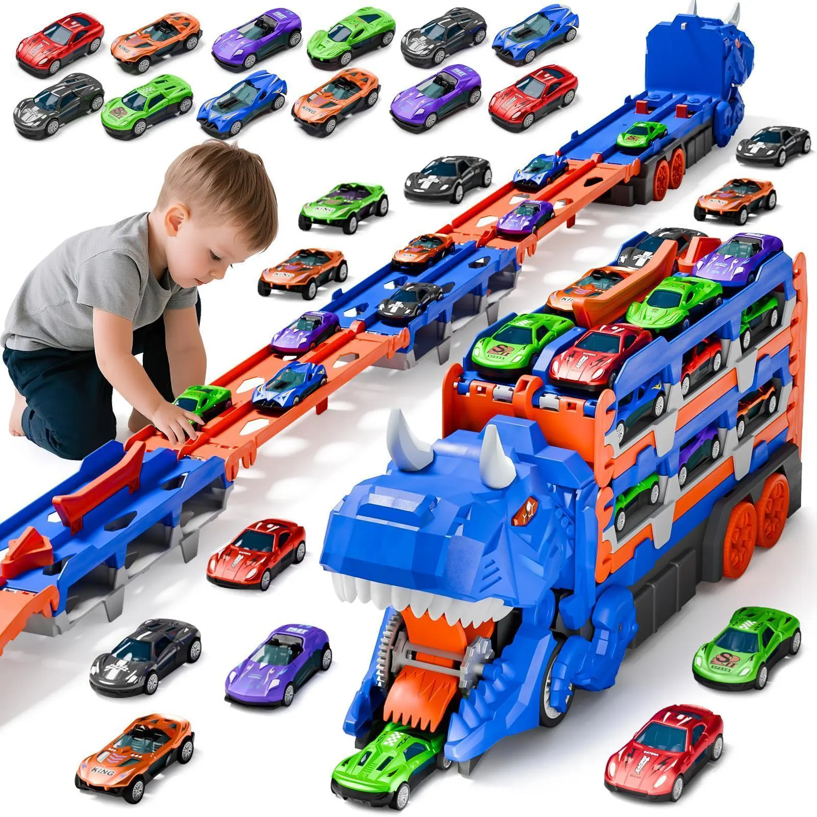 3-in-1 Transforming Dinosaur Push Truck Toy Set - Folding Dual Race Track, 12 Diecast Car Model Dinosaur Cars, T-Rex Head, Mini Pull-Back Vehicles for 3-6 Year Old Kids' Playtime