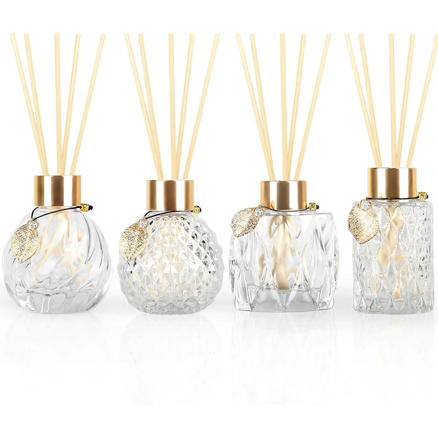 4Pcs Reed Diffuser Set with Metal Golden Decoration, 3.5-4.2oz Empty Reed Diffuser Bottles with 20Pcs Reed Diffuser Sticks, Unique Design Bottles for Home and Office(4 Pcs Different Bottles)