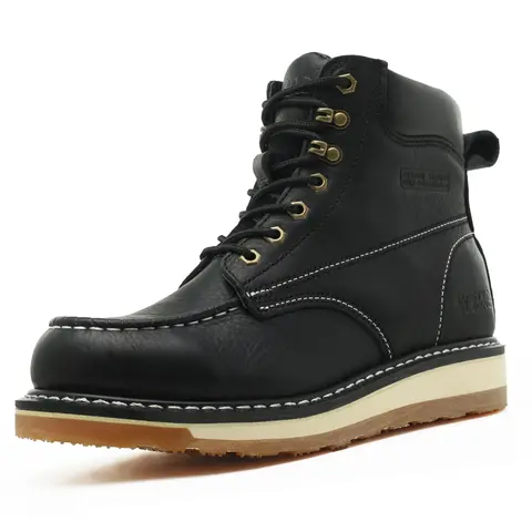 SAFETY LOONG Men's 6" Full Grain Leather Retro Cuban Ankle Worker Boots - Soft Round Toe, Laces-Up, Cushioned, Non-Slip EVA Wedge Sole, Breathable, Rugged, Welt-Built Durable, All Seasons Insulated, Low Maintenance, for Construction, Casual Use