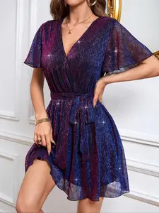 Elegant Women's V Neck Belted Sparkle Shimmer Dress, Perfect for Parties & Casual Vacations, Stylish Ladies' Fashion