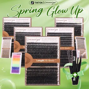 Geeneiya Volume Lash Clusters Kit DIY Lash Extension Kit D Curvature Eyelash Extensions with Waterproof Lash Bond and Seal, Tweezers,10-14mm Eye Corner Eyelashes and 16-18MM Cluster Lashes (80D+100D)