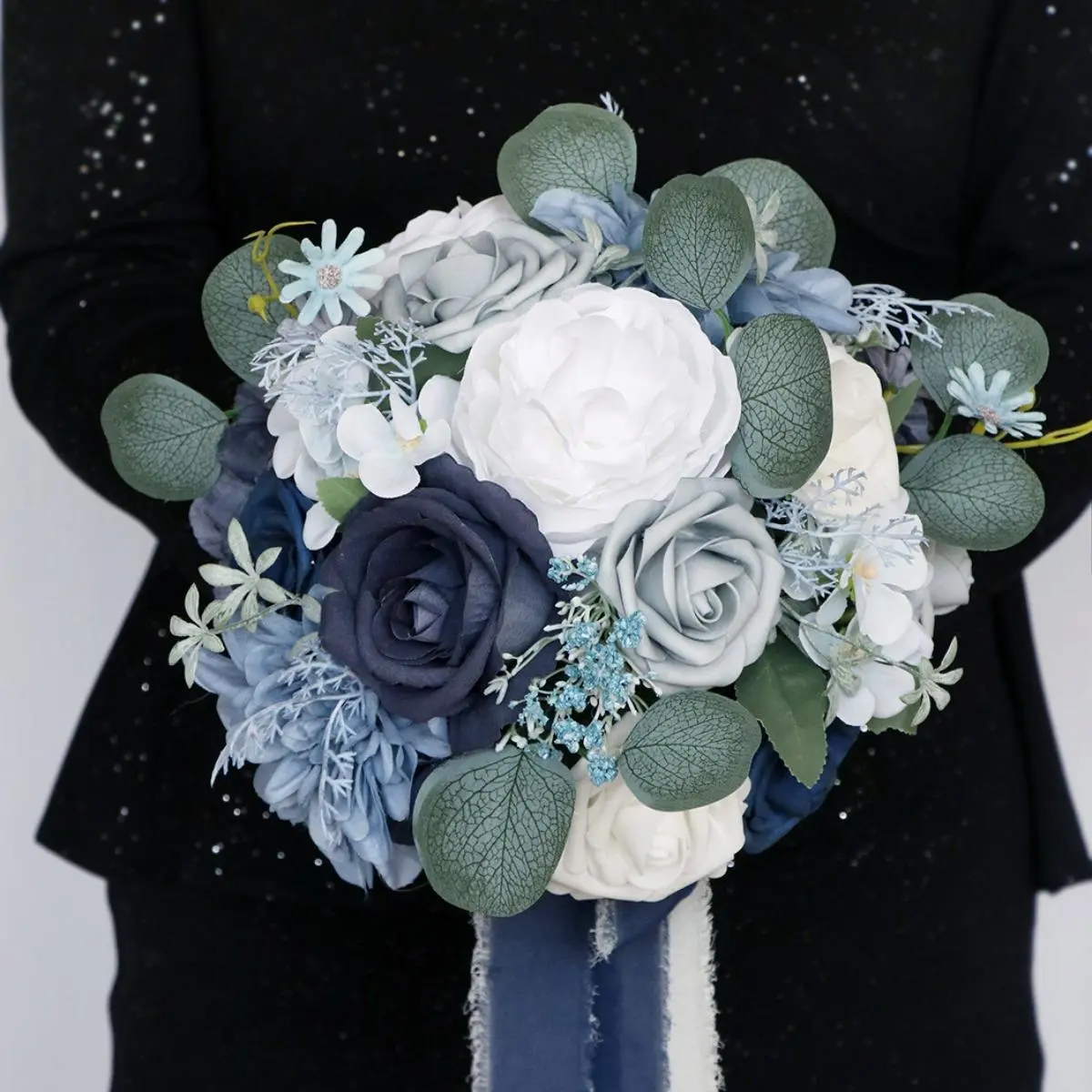 Blush Pink Synthetic Fiber Artificial Flower Bouquet - Elegant Bridal Bridesmaids Handheld Arrangement with Realistic Blooms, Green Eucalyptus Foliage, Organza Ribbon, Neutral & Pastel Tones for Wedding Engagement Decor, Decorative, Baby Shower