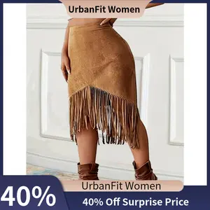 【UrbanFit Women】Plus Size - Plus Size - Plus-Size Women'S Vintage Western-Style Faux Suede Fringe Bodycon Skirt