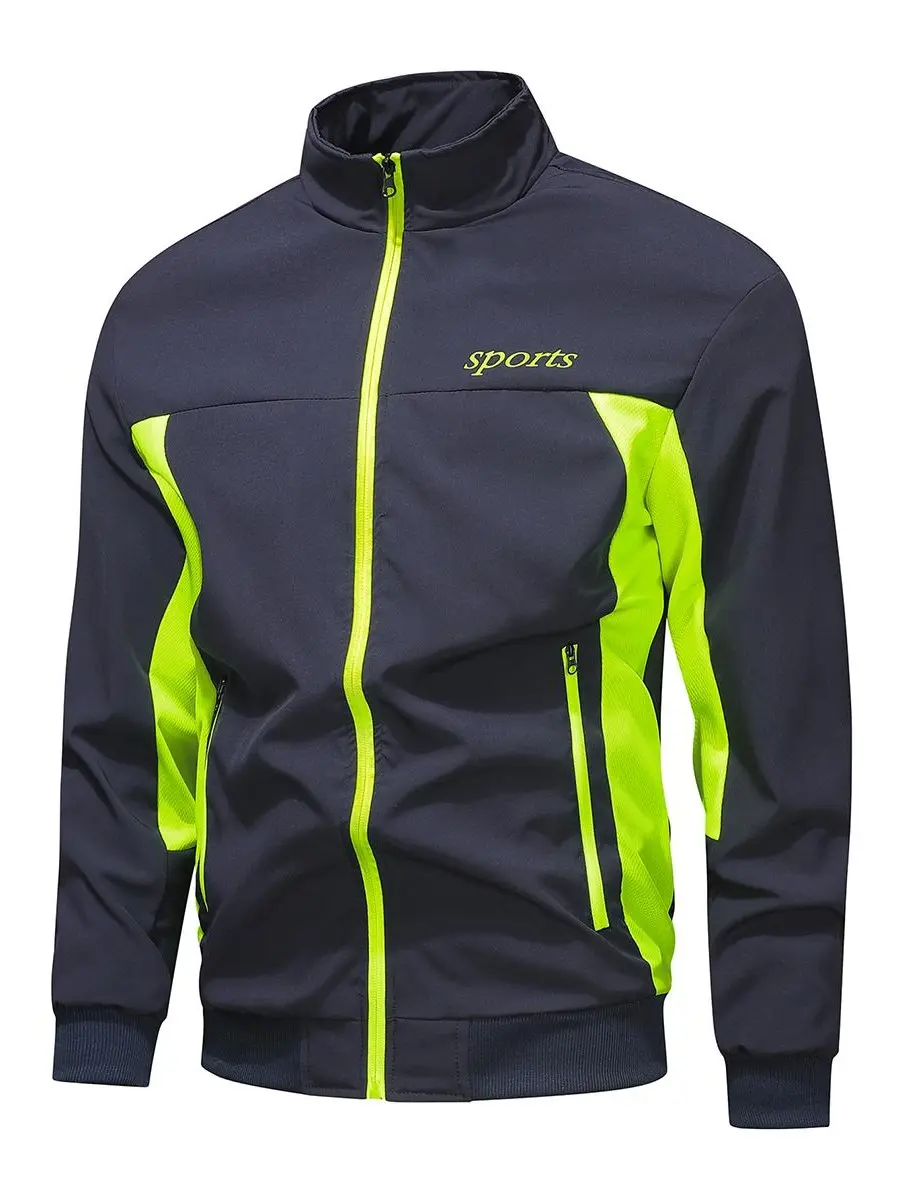 Men's Sports Bomber Jacket, Lightweight Neon Color Block with Stand Collar & Zipper Pockets, Loose-Fit for Gym Jogging & Cycling Sport, Male, Machine Wash, Medium Length, Polyester