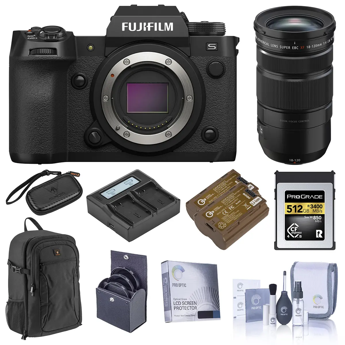 Fujifilm X-H2S Mirrorless Camera with XF 18-120mm f/4 LM PZ WR Lens, Black, Bundle with 512GB CFexpress 4.0 Memory Card, 2x Extra Battery, Dual Smart Charger , 2x Smart Charger Plate, Backpack, 72mm Filter Kit