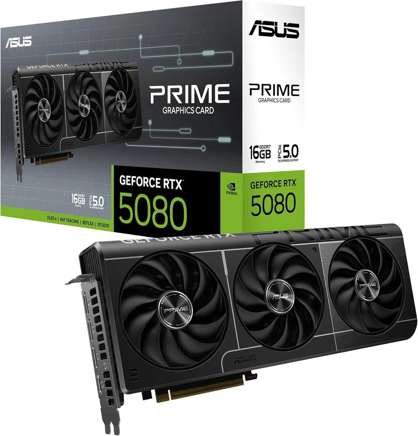 The SFF-Ready Prime GeForce RTX™ 5080 16GB GDDR7 Graphics Card (PCIe® 5.0, HDMI®/DP 2.1, 2.5-Slot, Axial-tech Fans, Vapor Chamber, Dual BIOS)