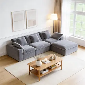 【2 Packages Shipping】HipyMo 120'' Modular Sectional Cloud Couch,3 Seater with Ottoman, Wide Armrest and Throw Pillows,Deep Seat Sofa for Living Room,Skin-Friendly Fabric,No Assembly Needed,Grey