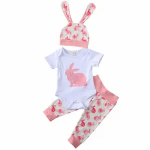 Baby Girl Boys First Easter Outfits Short Sleeve Letter Romper Bodysuit+Bunny Print Pants+Bunny Ear Hat 3Piece Easter Clothes for Newborn Infant Baby