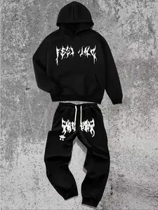 Men's Hoodie and Pants Set American Streetwear with Lightning Cross Print Stylish Casual Wear Featuring Slight Stretch and Detailed Pockets Black Trouser Longsleeves classic design everyday essential versatile style