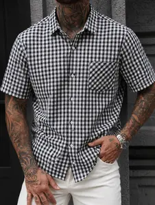 Men's 100% Cotton Gingham Plaid Short Sleeve Button Down Shirt Casual Lightweight Breathable Summer Collared Shirt for Daily Wear