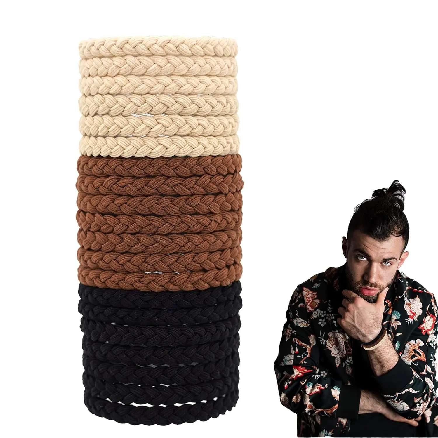 20- Braided Hair Ties For Men - Elastic, No , No Slip, No Rip - For Curly, Thick, Long Hair (Black, Brown, Khaki)