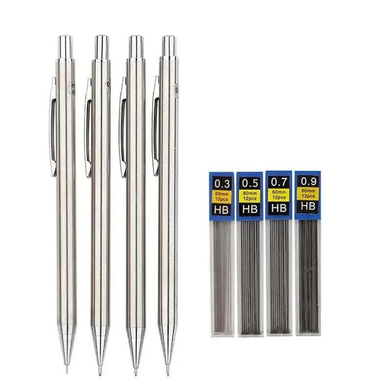 Professional Metal Mechanical Pencils Set, 0.5mm & 0.7 mm Artist Pencil with 4 Tubes, 8 Tubes, Lead Refills, Erasers, For Writing Drafting, Drawing, Sliver