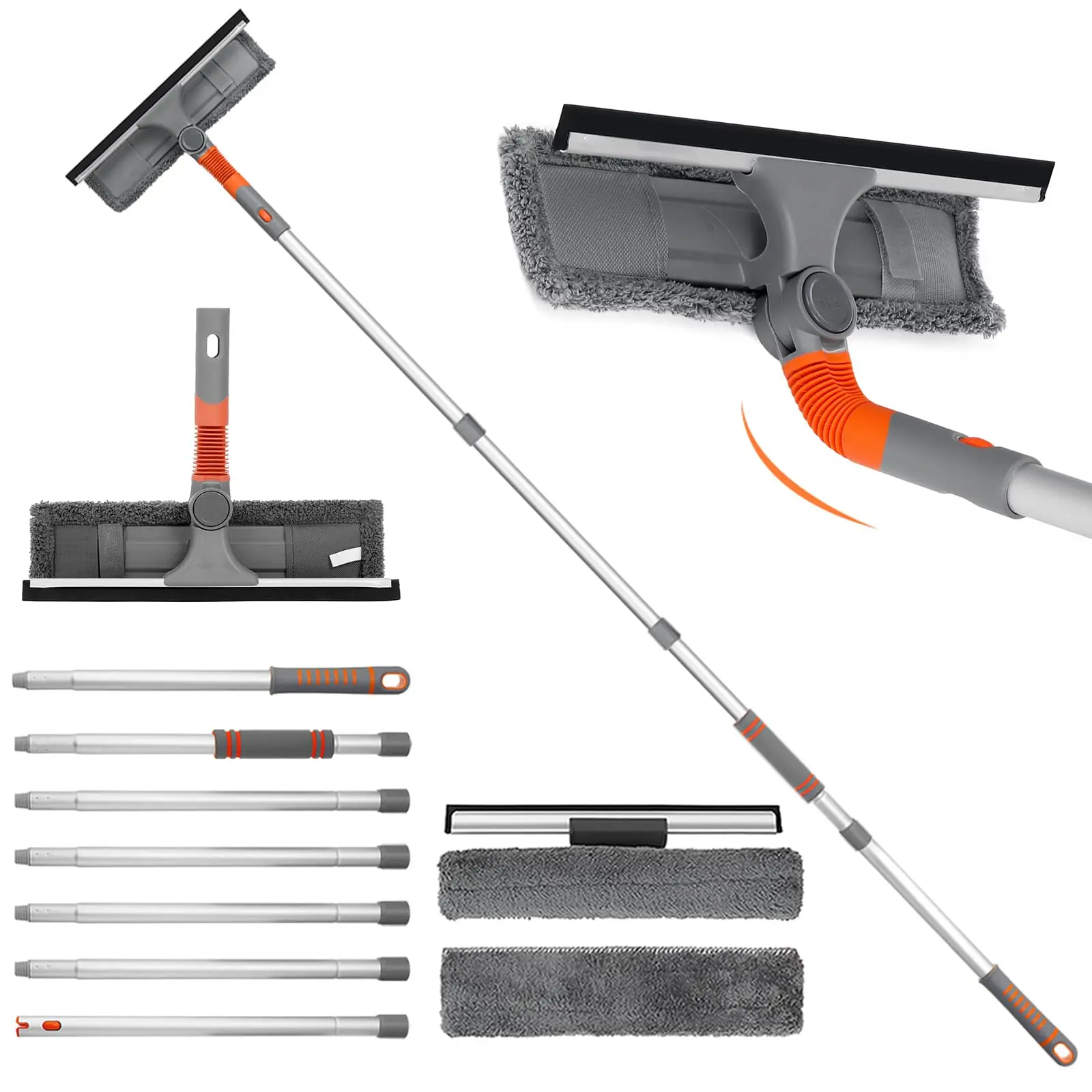 2-in-1 Aluminium Extendable Window Squeegee Cleaner Kit, 103in Straight Extension Pole with Bendable Head, Handheld Glass & Mirrors Washing Equipment for High Windows (Home Care Supplies)