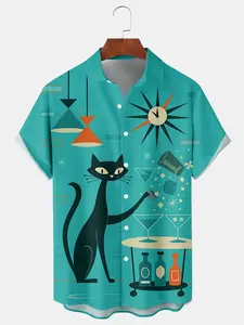 Men'S  Button-Up Short Sleeve Casual Hawaiian Shirt with Retro Medieval Geometric Atomic Cat Print