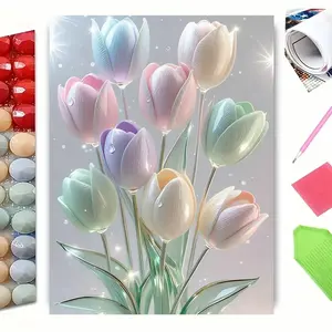 5D Full Drill Diamond Painting Kit, Pastel Glass Tulips with Dew Drops Floral Art for Home Wall Decor, DIY Craft with Sparkling Rhinestones, Canvas & Tools, Perfect for Spring & Elegant Themed Decoration