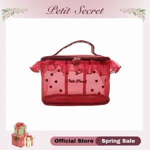 [Live Exclusive] Petit Secret Large Elegant Mesh Makeup Bag with Delicate Heart Embroidery and Lace Detail, Charming Handheld Cosmetic Pouch