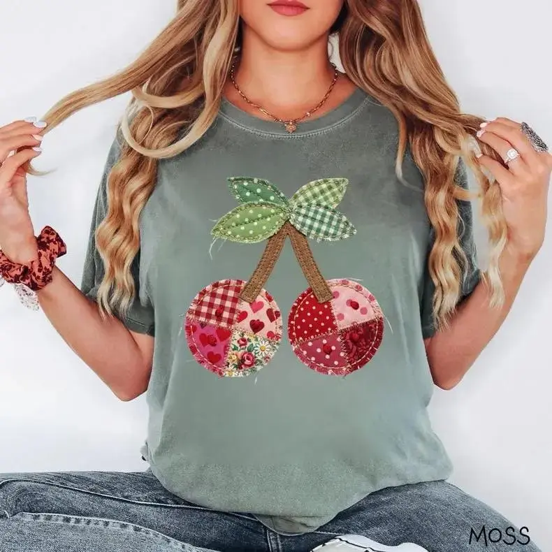 (Printe) Comfort Colors Cherry Printed T-Shirt, Patchwork Quilted Farmhouse Cherry Tee, Rustic Gingham Floral Cottagecore Aesthetic, Vintage Print Shirt, Mama Gift - TrendWear USA