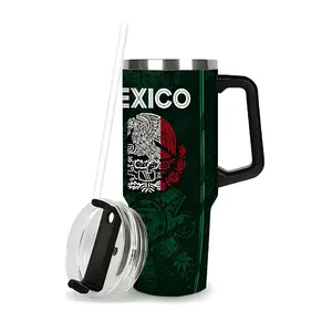 2026 Mexico Soccer Insulated Stainless Steel Travel Mug with Handle, Straw, Chichén Itzá Pyramid Graphic, Mexican Flag Design, Retro Soccer Fan Gift, Gift for Him