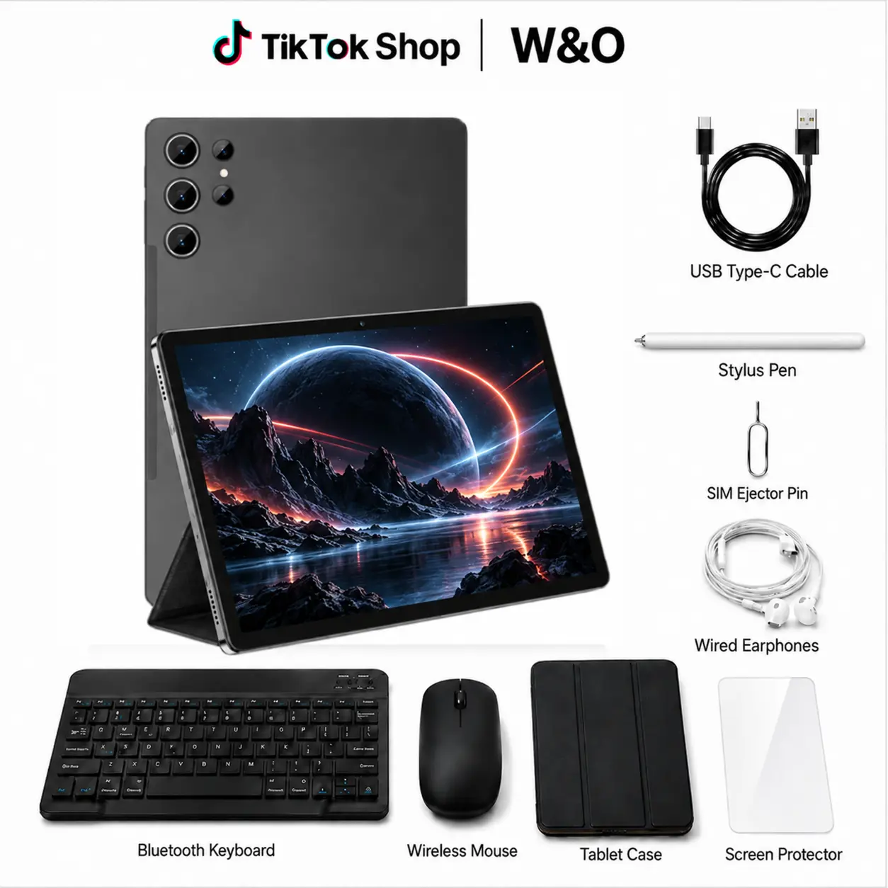 W&O X9 10" Android 15 Tablet, 2+6GB RAM 256GB Storage, 8000mAh Battery, Dual-Band WiFi, SIM & MicroSD Support, 9-in-1 Bundle with Keyboard, Mouse, Stylus & Case for Work and School
