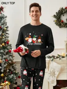 Christmas Theme Men's Long Sleeve Pajama Top, Soft Comfortable Fitted Sleepwear, Fall & Winter Essential, Perfect Gift