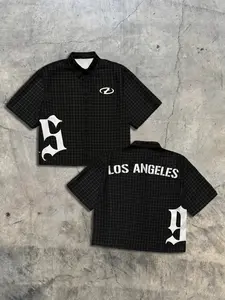 Men's "Los Angeles" Gothic Print Black Grid Cropped Short Sleeve Shirt, 100% Polyester, Wrinkle-Resistant & Breathable, Oversized Streetwear Button-Up, Ideal for Casual Wear & Y2K Aesthetic