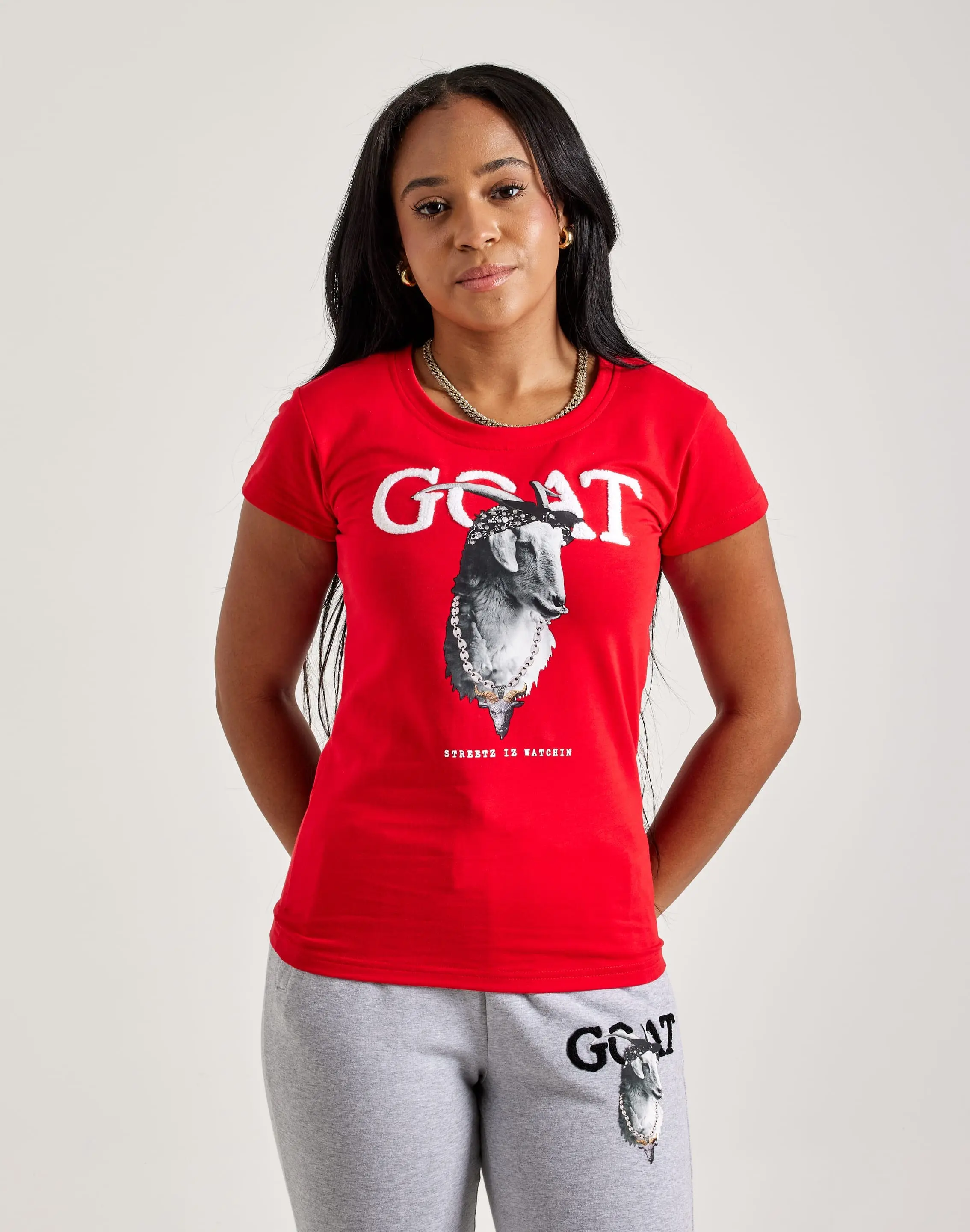 Womens Streetz Iz Watchin Goat Tee with Goat Graphic Design and GOAT Text Summer T-Shirt