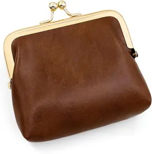 Women’s Small Coin Purse, Vintage PU Leather Change Purse, Rectangle Kiss Lock Coin Pouch, Pocket-Sized, Solid Color, Mini Coin Purse for Women - Brown