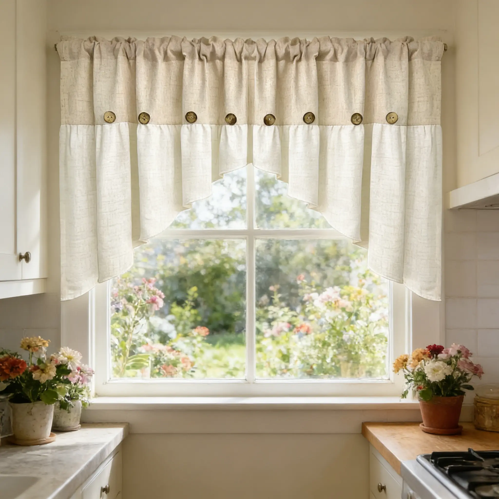 1PC Farmhouse Boho Linen Button Arched Valance Curtains for Kitchen Window Dining Room Cafe Valance for Small Windows Bathroom Macrame Valances Rod Pocket 1 Panel (Beige Arched)