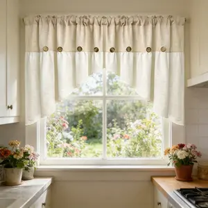 1PC Farmhouse Boho Linen Button Arched Valance Curtains for Kitchen Window Dining Room Cafe Valance for Small Windows Bathroom Macrame Valances Rod Pocket 1 Panel (Beige Arched)