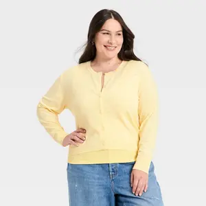 Women's Pointelle Button-Down Cardigan - A New Day Yellow 2X