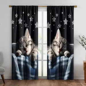 2-Piece Good Night Cat Star Fringe Print Curtains, Fashionable Rod Pocket Window Drapes for Bedroom & Living Room, Easy Installation, Home Decoration Curtain