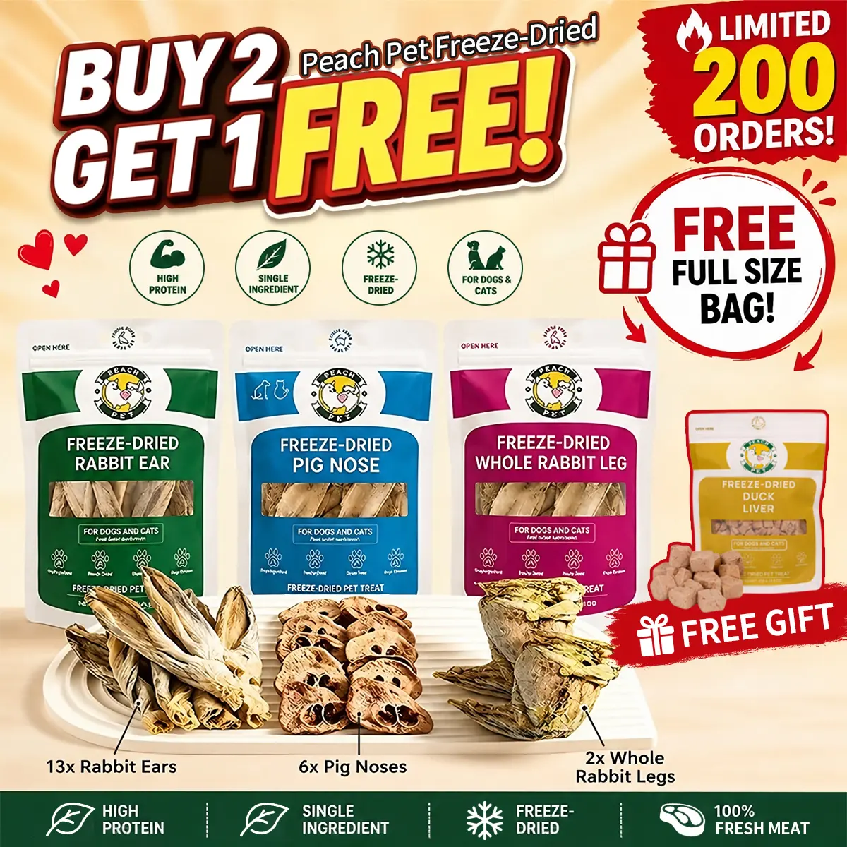 Peach Pet Freeze-Dried Chews for Dogs & Cats | Rabbit Ear, Rabbit Leg, Pig Nose or 3-Treat Bundle | 3.5oz Single Bag | All-Natural | High Protein backtoschool