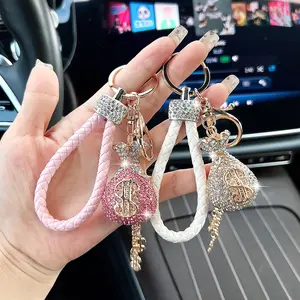 Creative Diamond Embellished Dollar Bag Keychain, Woven Rope Car Key Chain Ring, Lucky Money Pouch, Purse Decoration, Holiday Gift, Trendy Cute Keychain, Bag Pendant Keychain