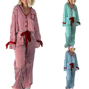 Cute Striped Christmas Pajamas Women Bow Tie Long Sleeve Shirt Pants Pj Set Xmas Graphic Print Two Piece Satin Sleepwear Loungewear Womenswear