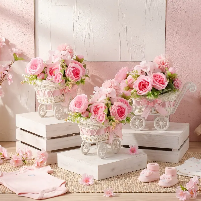 Party gift set - 3-piece set - Chair-style rattan flower basket - Makeup table center decoration - Children's stroller - Party gifts and souvenirs for weddings where the gender of the guests is to be revealed - Table Decor Flowers - Decorative Flowers