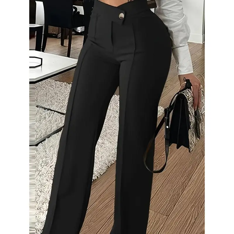 Elegant Style | Women's Elegant High-Waisted Wide Leg Trousers - Slim Fit Black Casual Commuter Pants with Button Detail, Perfect for Spring & Fall