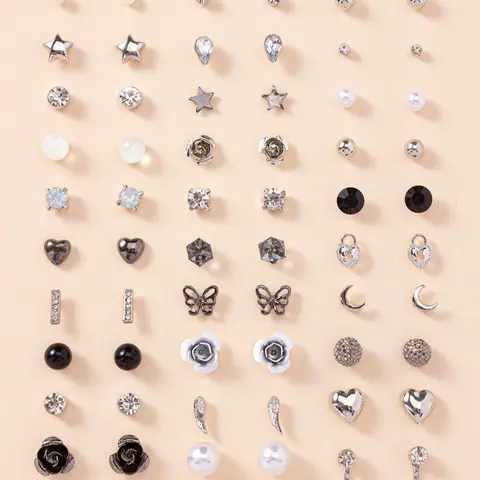 30 Pairs Fashion Jewelry Set Rhinestone Heart Star Stud Earrings for Women For Gift