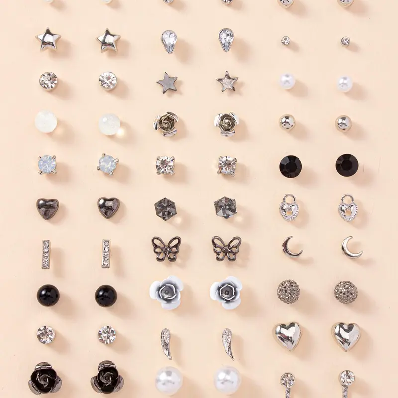 30 Pairs Fashion Jewelry Set Rhinestone Heart Star Stud Earrings for Women For Gift