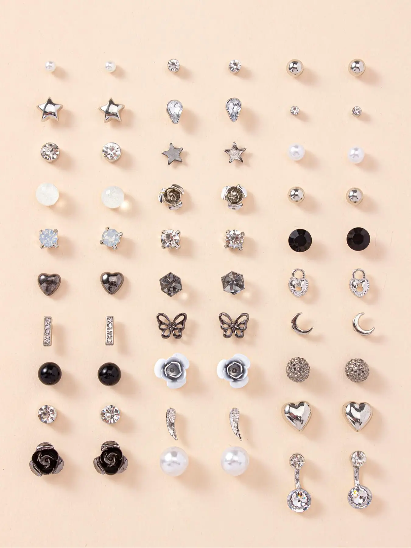 30 Pairs Fashion Jewelry Set Rhinestone Heart Star Stud Earrings for Women For Gift