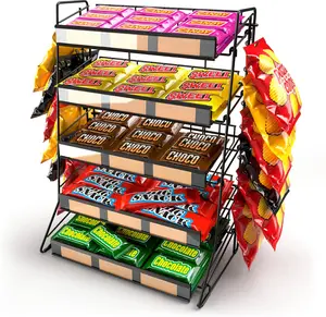 5 Tier Candy Display Rack, Large Snack Organizer For Countertop, Home Theatre Concession Stand Snack Display, Black Shelf With 12 Clips