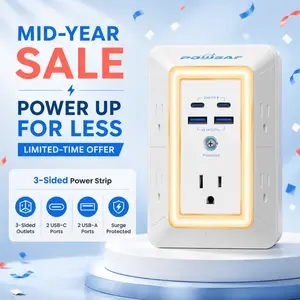 Multi Plug Outlet Surge Protector -SummerVibes- POWSAF 5 Outlet Extender with 4 USB Ports(2 USB-C Fast Ports) and Night Light, 3-Sided Power Strip with Adapter Spaced Outlets - ETL Multiple Sockets summerwins